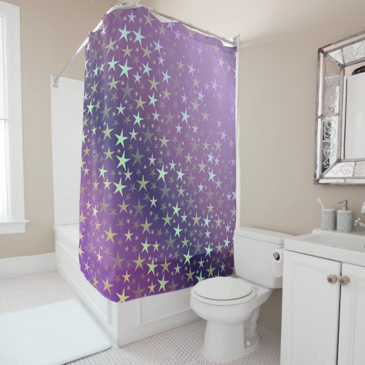 紫+シルバー，光沢，明るい，星，色，デコレティ シャワーカーテン (インサイチュ)