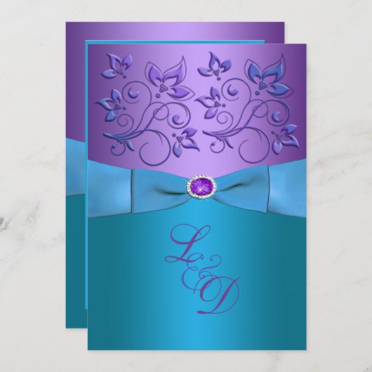 紫、ターコイズフローラモノグラムウェディング招待 招待状 (正面/裏面)
