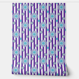 紫、ターコイズモダンの花ストライプ付 壁紙