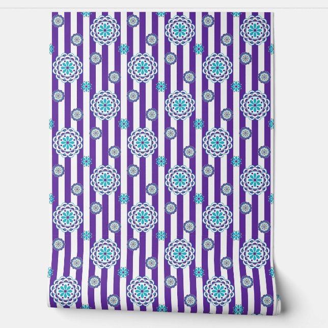紫、ターコイズモダンの花ストライプ付 壁紙 (ほどく)
