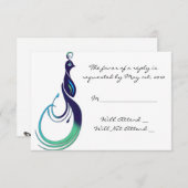 紫、ターコイズ、緑の貴重な孔雀ちゃんの返信 出欠カード (正面/裏面)