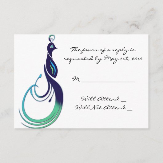 紫、ターコイズ、緑の貴重な孔雀様 出欠カード (正面)