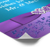 紫、ティール(緑がかった色)フローラ結婚ハートのサイン ポスター (角)