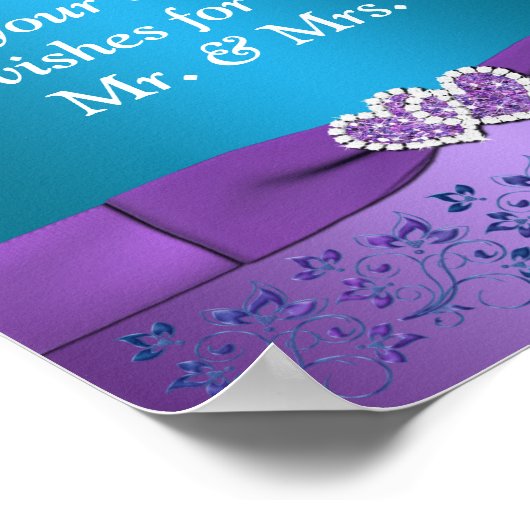 紫、ティール（緑がかった色）フローラ結婚ハートのサイン ポスター (角)