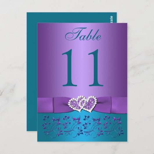 紫、ティール（緑がかった色）フローラ、ハート表番号カード ポストカード (正面/裏面)