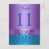 紫、ティール（緑がかった色）フローラ、ハート表番号カード ポストカード (正面)