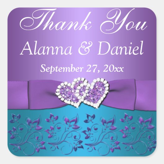 紫、ティール（緑がかった色）フローラ、ハート1.5インチSq.結婚式の引き出物 スクエアシール (正面)