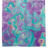 紫、ティール（緑がかった色）、金ゴールド渦巻き流体アート シャワーカーテン (正面)