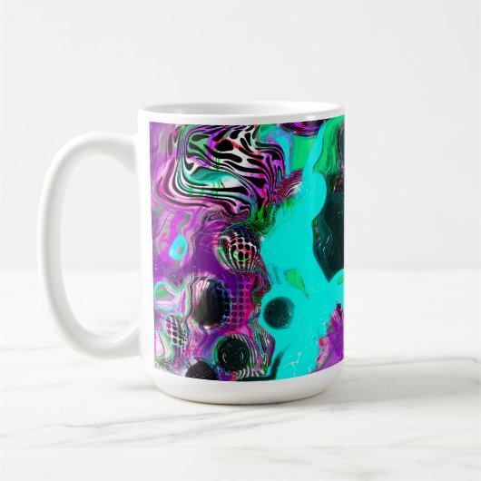 紫、ティール(緑がかった色)、青、黒のカラフル抽象芸術流体 コーヒーマグカップ (左)