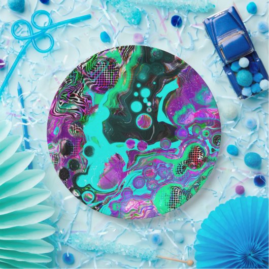 紫、ティール（緑がかった色）、青、黒のカラフル抽象芸術流体 ペーパープレート (パーティー)