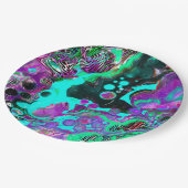 紫、ティール（緑がかった色）、青、黒のカラフル抽象芸術流体 ペーパープレート (アングル)