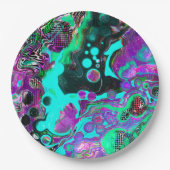 紫、ティール（緑がかった色）、青、黒のカラフル抽象芸術流体 ペーパープレート (正面)
