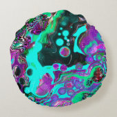 紫、ティール(緑がかった色)、青、黒のカラフル抽象芸術流体 ラウンドクッション (裏面)