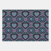 紫、ティール(緑がかった色)、黒バレンタインデーハート曼荼羅 ラッピングペーパーシート (正面3)