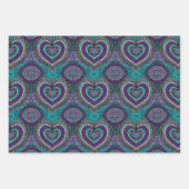 紫、ティール(緑がかった色)、黒バレンタインデーハート曼荼羅 ラッピングペーパーシート (正面)