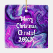 紫、パーソナライズされた青、ピンクの大理石の流体アート セラミックオーナメント (裏面)
