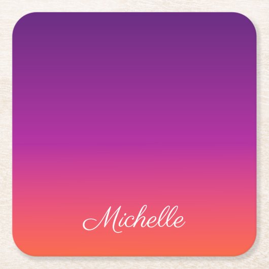 紫、ピンクおよびオレンジ色のグラデーショングラデーション スクエアペーパーコースター (正面)