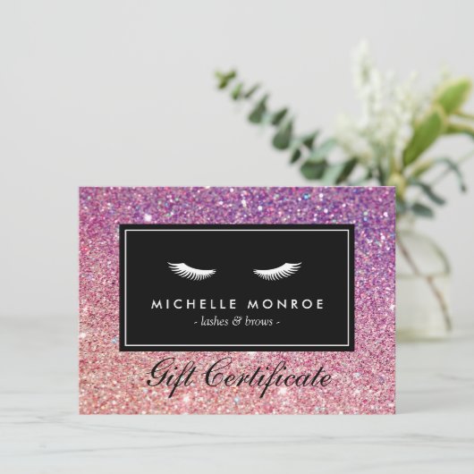 紫/ピンクのグリッターギフトカード付き睫毛 (スタンド正面)