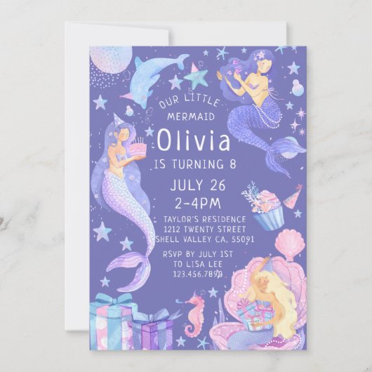 紫/ピンク私たちの小さなマーメイドオールエイジ誕生日 招待状 (正面)