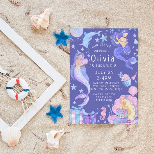 紫/ピンク私たちの小さなマーメイドオールエイジ誕生日 招待状