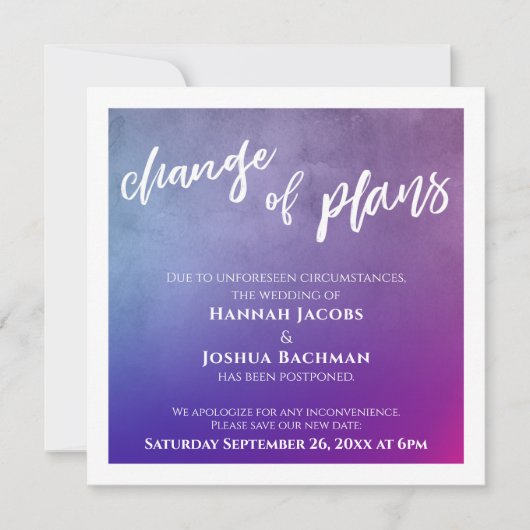 紫、ピンク、および青の延期結婚の更新カード 招待状 (正面)