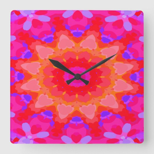 紫、ピンク、オレンジのヒマワリ スクエア壁時計 (正面)