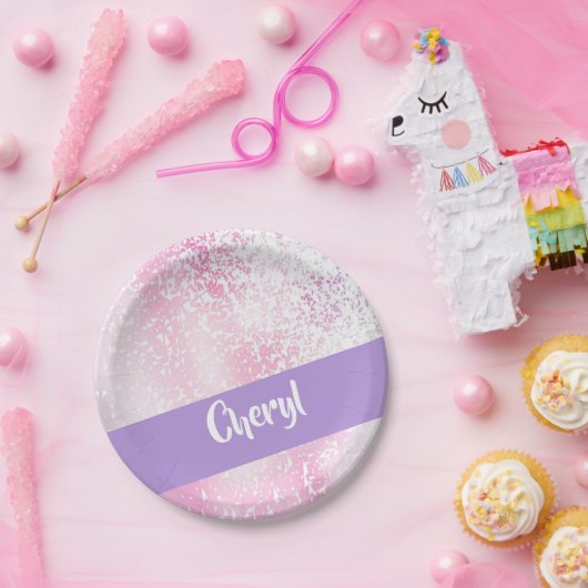 紫、ピンク、白のグラデーショングリッター ペーパープレート (パーティー)