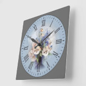 紫-ピンク-白の花ローマ数字 スクエア壁時計 (傾斜)