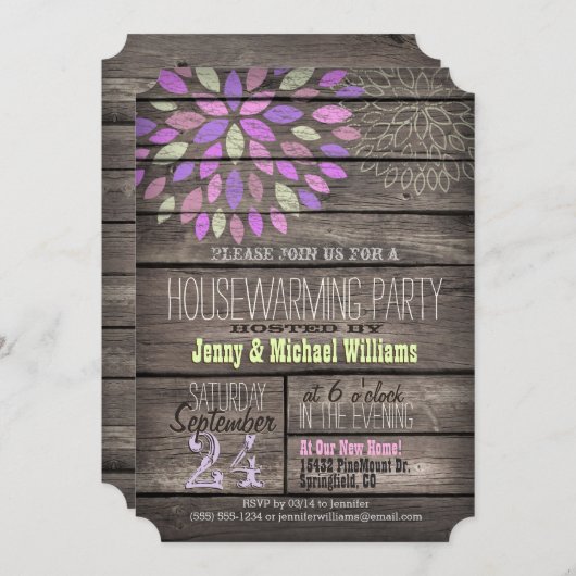 紫、ピンク、緑の素朴引っ越し祝いパーティーパーティー 招待状 (正面/裏面)