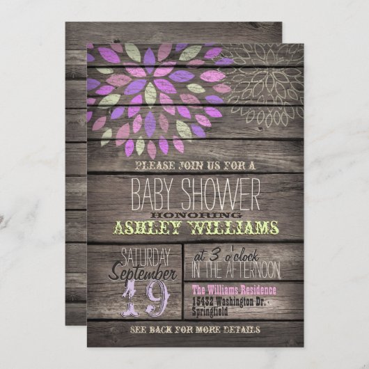 紫、ピンク、緑の花の木の赤素朴ちゃんシャワー 招待状 (正面/裏面)
