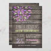 紫、ピンク、緑の花の木素朴の誕生日 招待状 (正面/裏面)