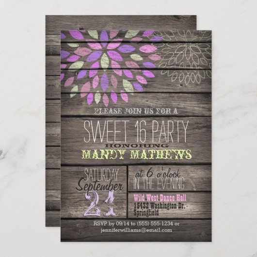 紫、ピンク、緑素朴、木甘16パーティー 招待状 (正面/裏面)