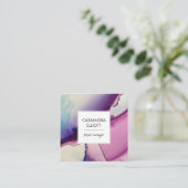 紫、ピンク、青のアルコールインクリキッドアート スクエア名刺 (スタンド正面)