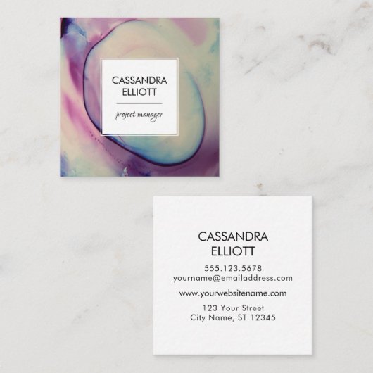 紫、ピンク、青のアルコールインク液体画 スクエア名刺 (正面/裏面)