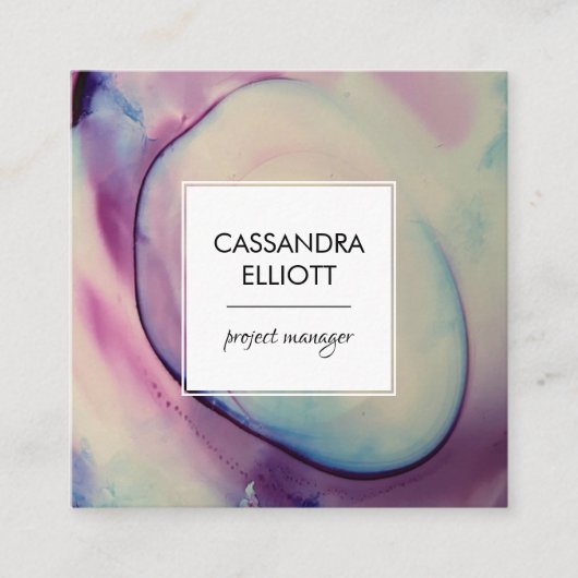 紫、ピンク、青のアルコールインク液体画 スクエア名刺 (正面)