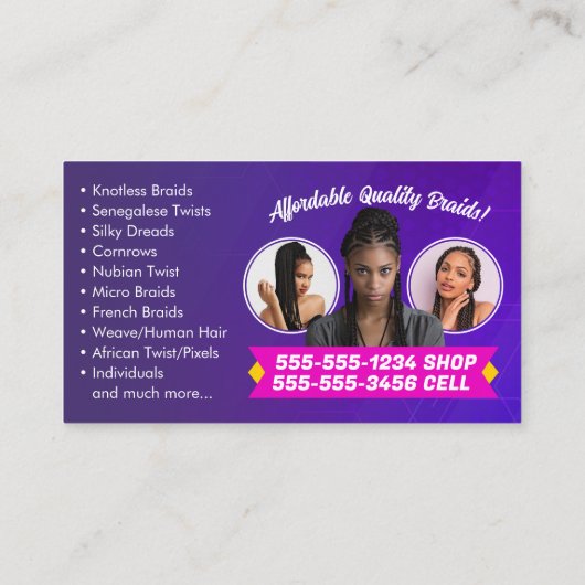 紫、ピンク、黄色のアフリカの髪の編み物の写真 名刺 (裏面)