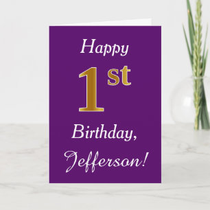 紫、フェイク金ゴールド1歳の誕生日+名前をカスタムする カード