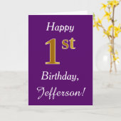 紫、フェイク金ゴールド1歳の誕生日+名前をカスタムする カード (黄色い花)
