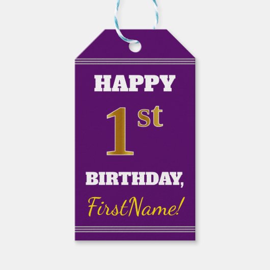 紫、フェイク金ゴールド1歳の誕生日+名前をカスタムする ギフトタグ (正面)