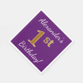 紫、フェイク金ゴールド1歳の誕生日+名前をカスタムする スタンダードランチョンナプキン (角)