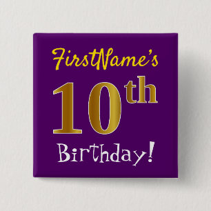 紫、フェイク金ゴールド10番目の誕生日、名前をカスタムする付き 缶バッジ