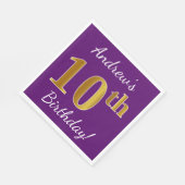 紫、フェイク金ゴールド10誕生日+名前をカスタムする スタンダードランチョンナプキン (角)