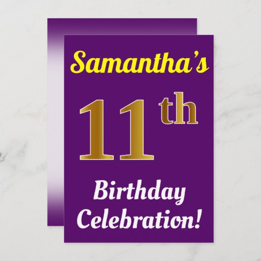 紫、フェイク金ゴールド11番目の誕生祝い+名前 招待状 (正面/裏面)