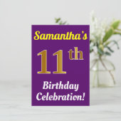 紫、フェイク金ゴールド11番目の誕生祝い+名前 招待状 (スタンド正面)