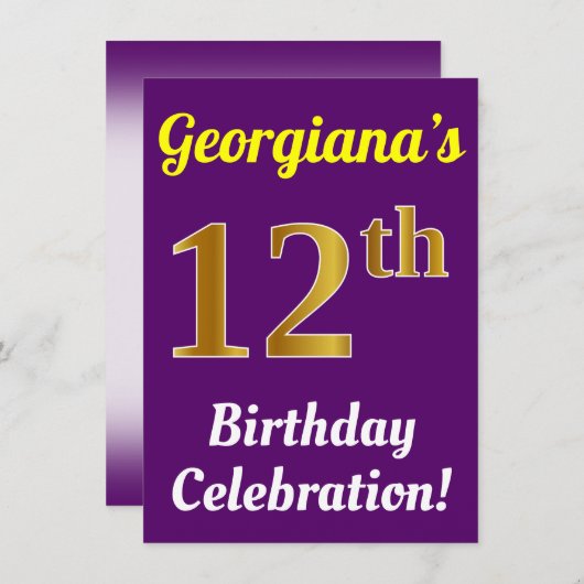 紫、フェイク金ゴールド12番目の誕生祝い+名前 招待状 (正面/裏面)