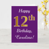 紫、フェイク金ゴールド12誕生日+名前をカスタムする カード (黄色い花)