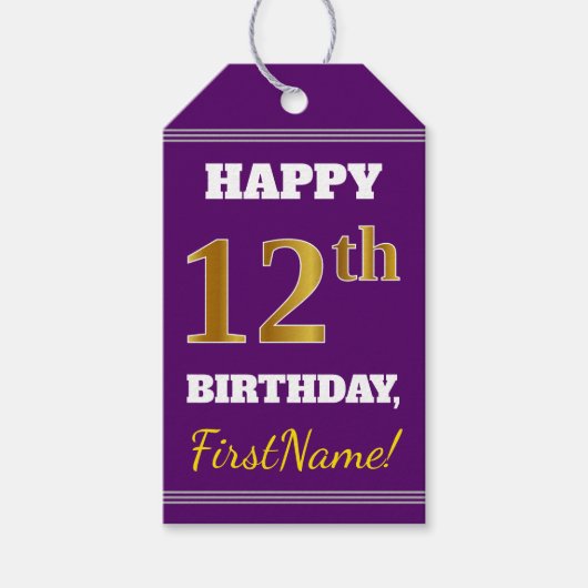 紫、フェイク金ゴールド12誕生日+名前をカスタムする ギフトタグ (正面)