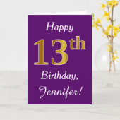 紫、フェイク金ゴールド13番目の誕生日+名前をカスタムする カード (黄色い花)