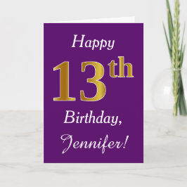 紫、フェイク金ゴールド13番目の誕生日+名前をカスタムする カード