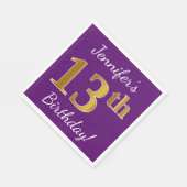 紫、フェイク金ゴールド13番目の誕生日+名前をカスタムする スタンダードランチョンナプキン (角)